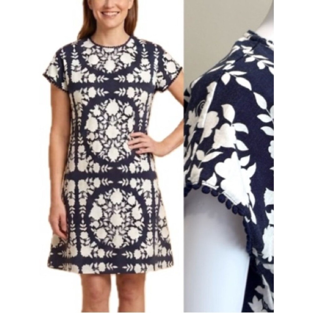 Boden Damask Geometric Floral Print Shift Dress Size 8 Embroidered Ball Trim